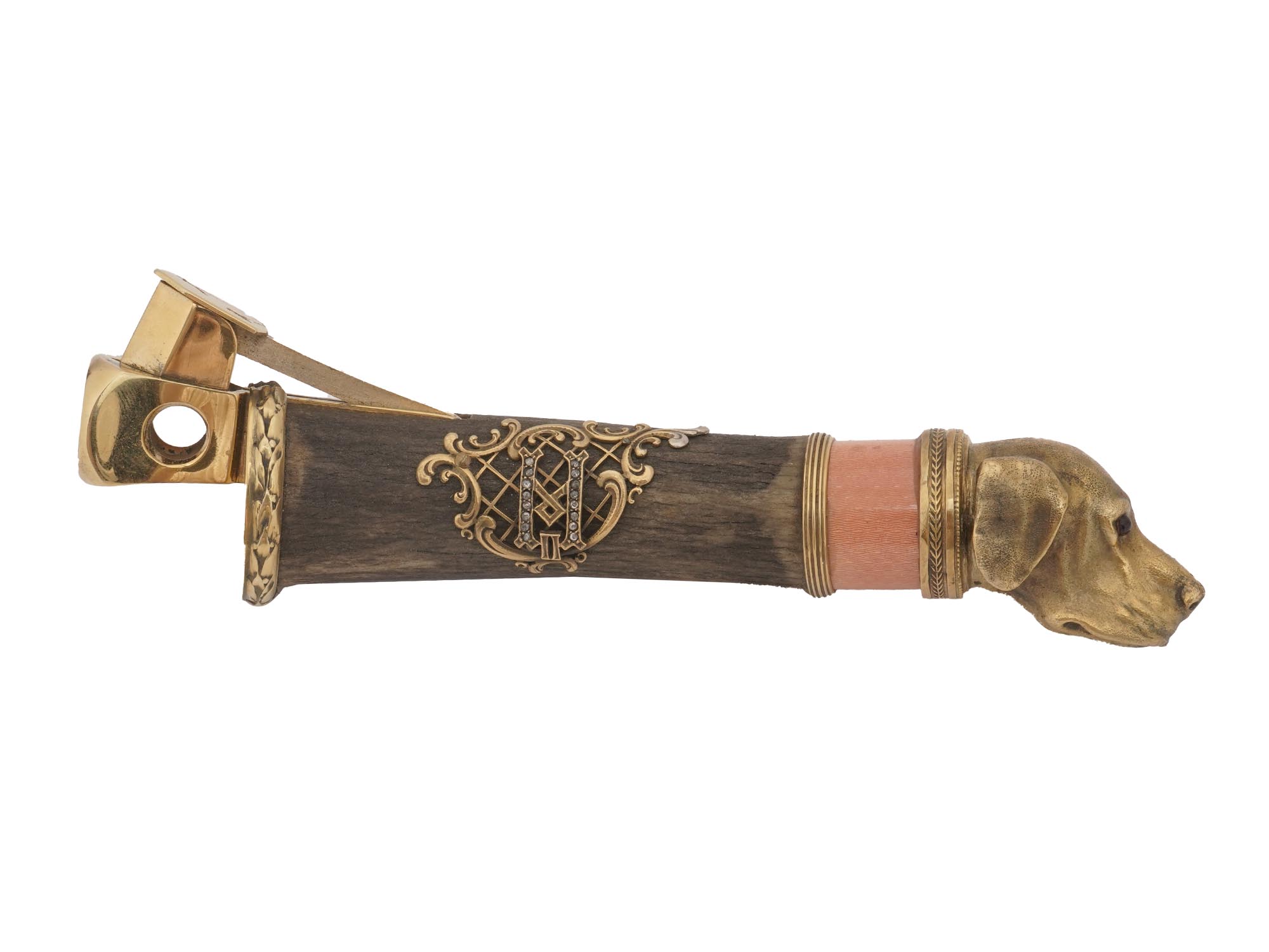 RUSSIAN GILT SILVER ENAMLED ANTLER CIGAR CUTTER PIC-1